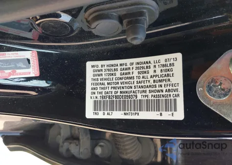 2013 Honda Civic Ex from USA, damaged, VIN 19XFB2F80DE059379